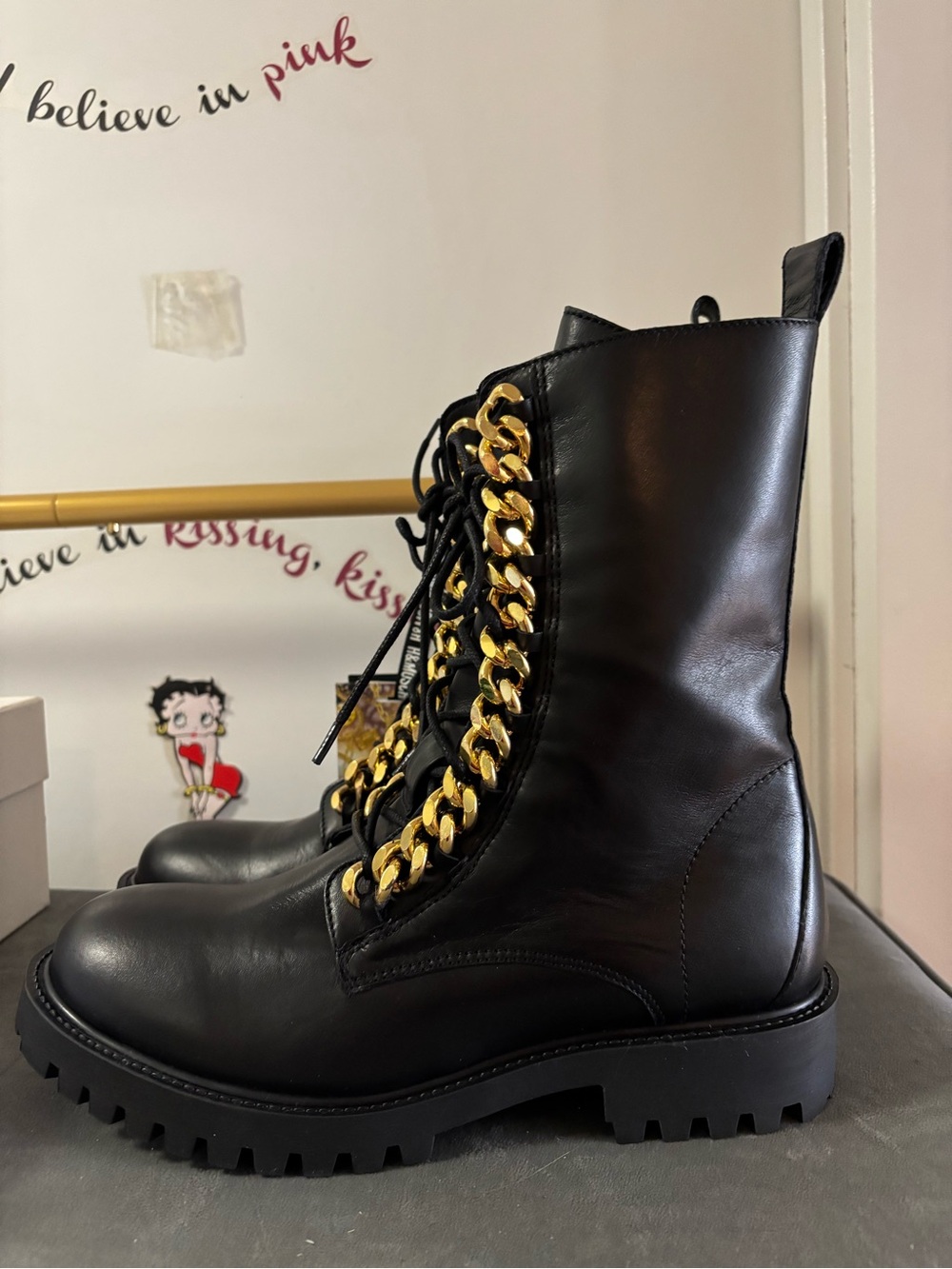 Moschino Black Leather Lace-Up Boots with Gold Chain Trim - Picture 3 of 10